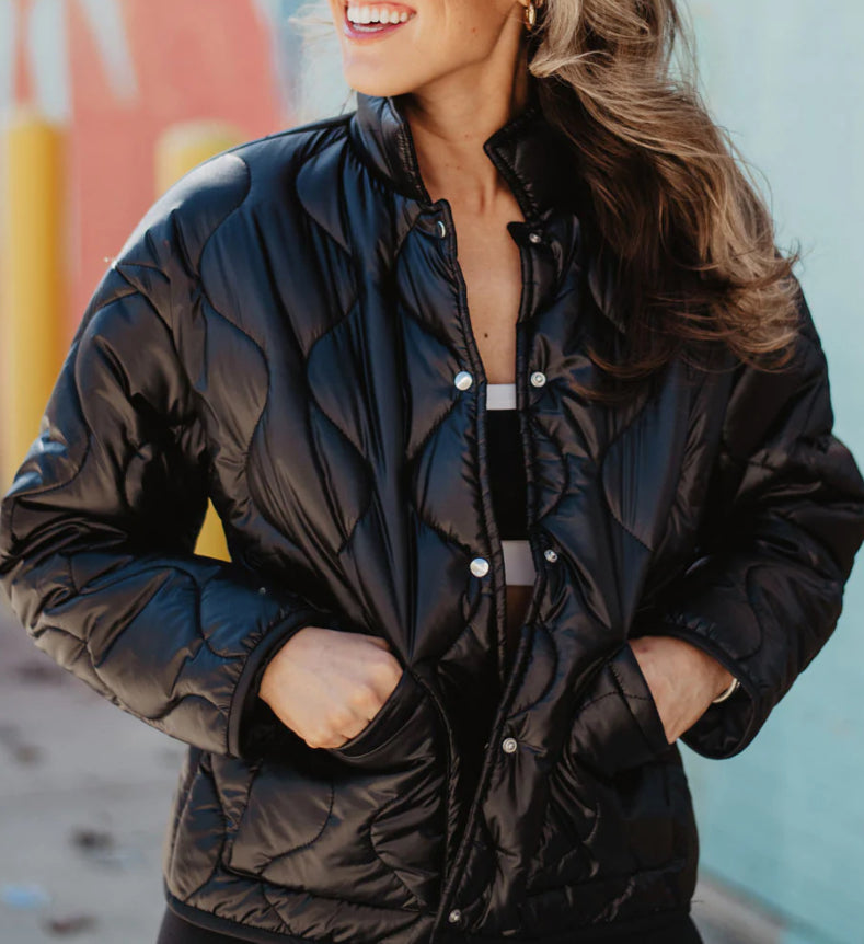 Katydid Black Button Up Quilted Puffer Jacket