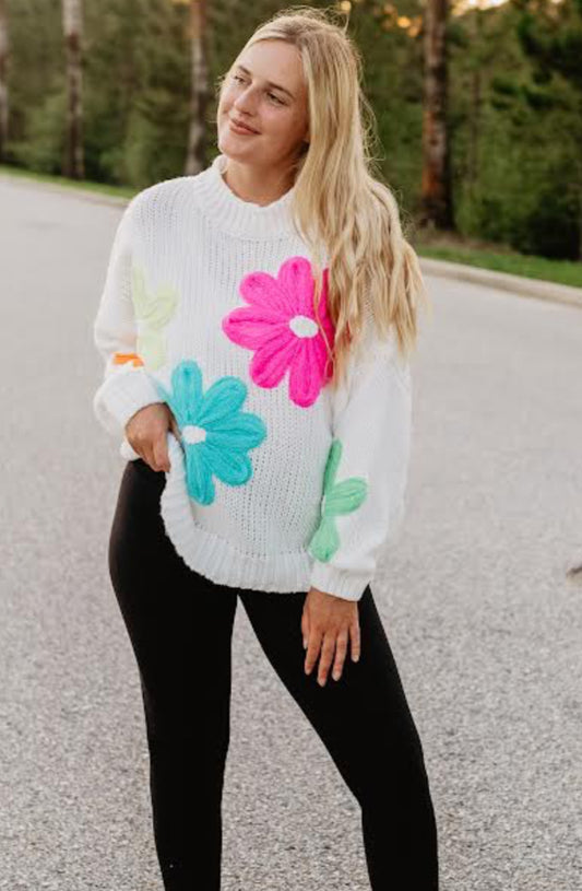 Katydid White Floral Stitched Sweater