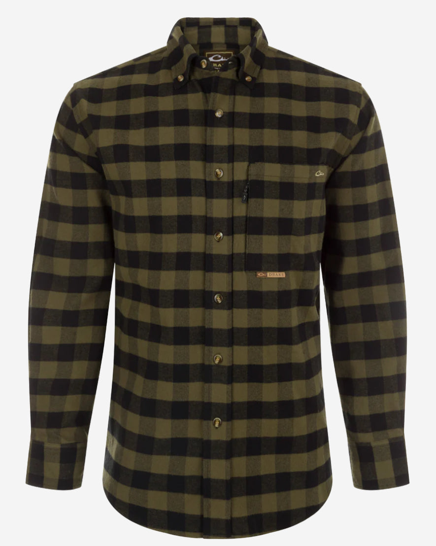 Drake Autumn Brushed Twill Buffalo Plaid Shirt L/S Kalamata Olive