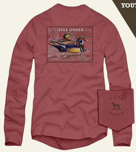 Over under L/S youth wood duck stamp tee - brick