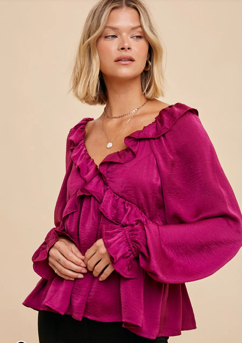 In Loom Washed Satin Cross Ruffled Long Sleeve Blouse Plum