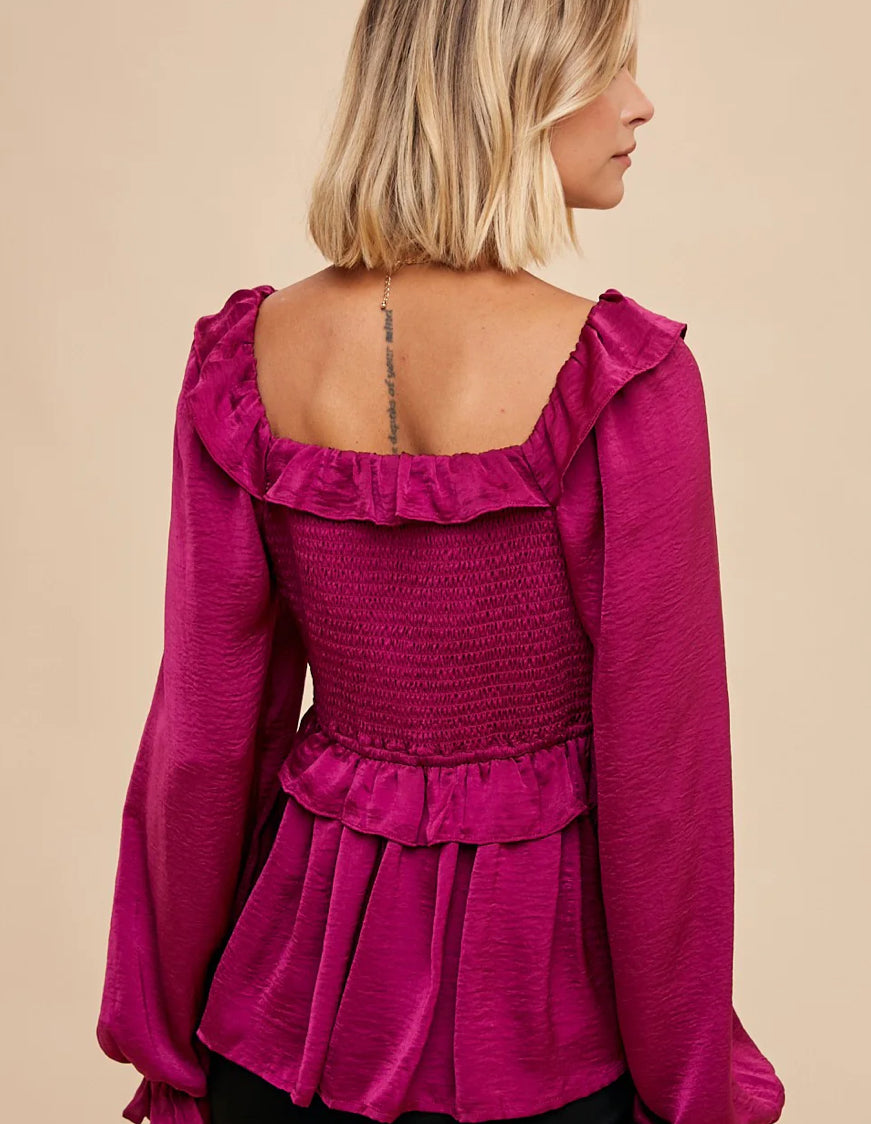 In Loom Washed Satin Cross Ruffled Long Sleeve Blouse Plum