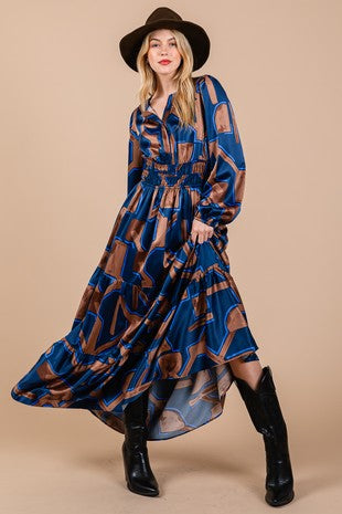 Ces Femme Geometric Print Tiered Maxi Dress Navy/Brown