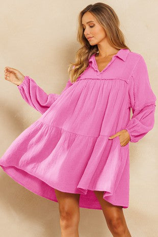 Ces Femme Pink Long Sleeve Collared Baby Doll Tiered Gauze Dress