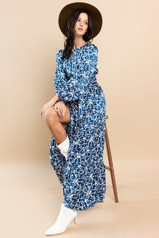 Ces Femme Floral Printed Satin Tiered Maxi Dress Navy