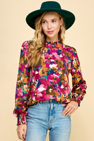 Les Amis Floral Top With Mock Neck And Smocked Sleeves