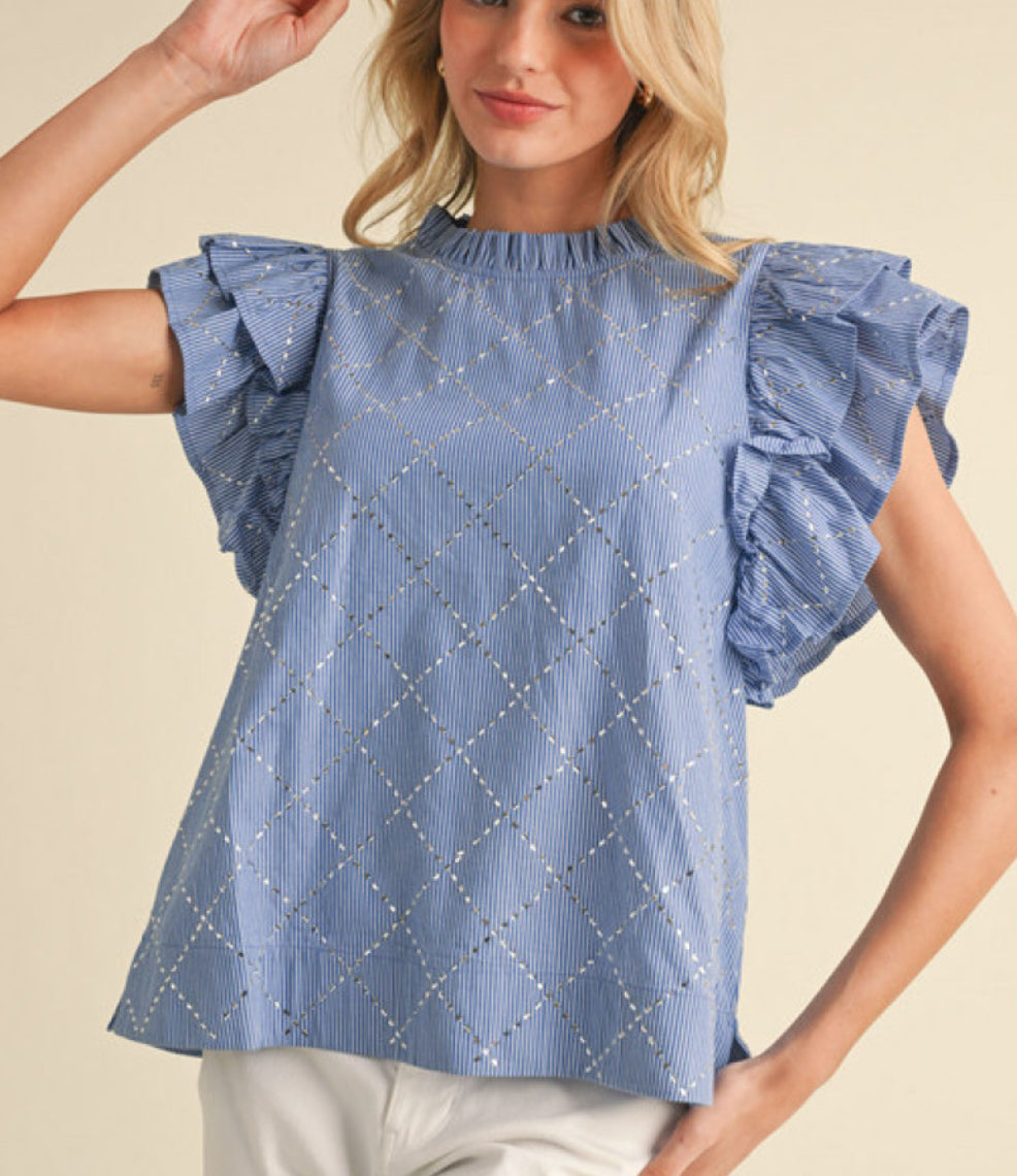 Jodifl Striped & Beads top with frilled neck, back key hole, and layer ruffly shoulder