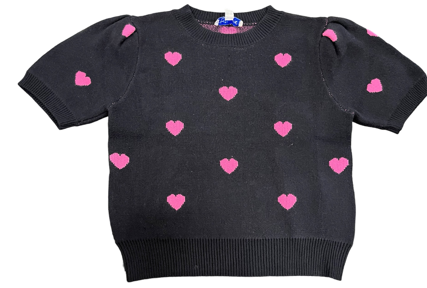 She & Sky SY6050 Short Puff Sleeve Heart Sweater Top  Black