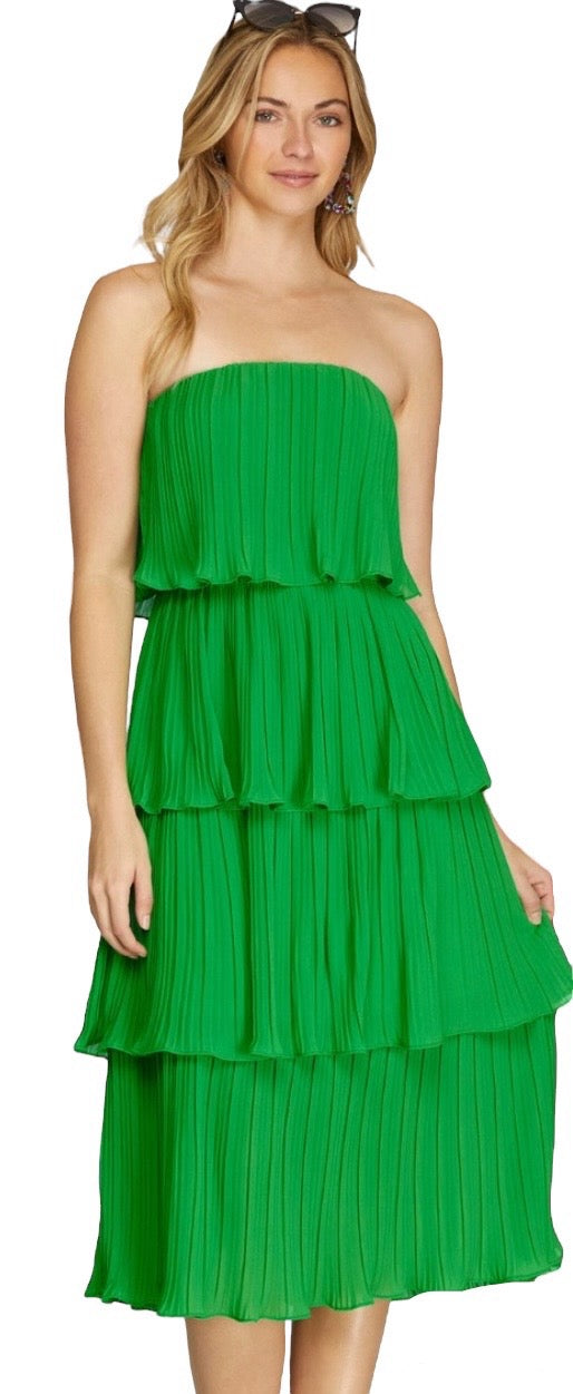 She & Sky Pleated 4 Layer MIDI Dress Tube top Apple Green